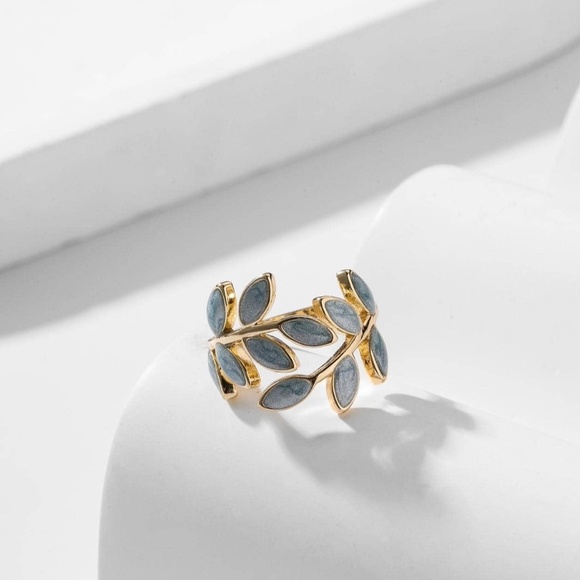 NEW Leaf Design Cuff Ring Gold Blue Adjustable Boho Festival Leaves Botany Plant - Picture 4 of 5